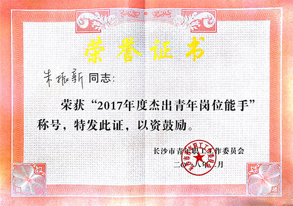 bti体育智能朱振新荣获长沙市2017年度卓越青年岗位能手